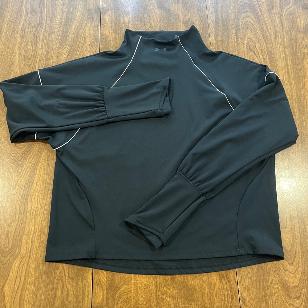 Under Armour Womens Black Mock Neck 1/4 Zip Pullover White Piping Size Medium